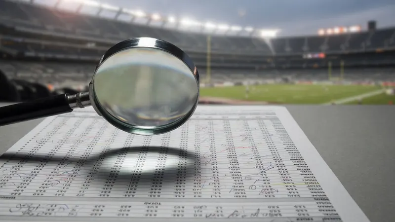 A magnifying glass hovers over a detailed sports statistics sheet filled with numbers and handwritten annotations.