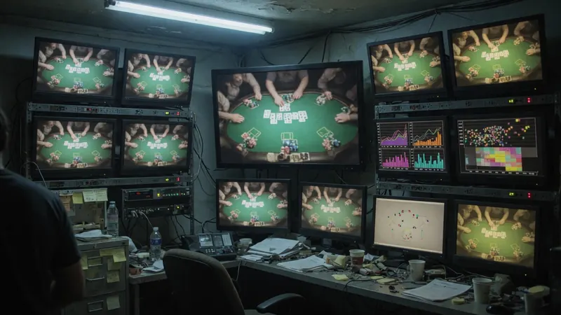 A cluttered surveillance room with multiple monitors displaying live feeds of people playing poker at a green table.