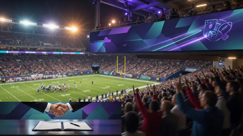 A composite image of a packed American football stadium at night with fans cheering and players on the field.