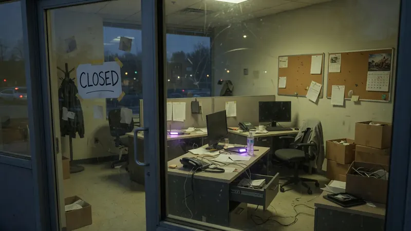 View through glass door into a dimly lit, cluttered office with desks, computers, chairs, bulletin boards, cardboard boxes.