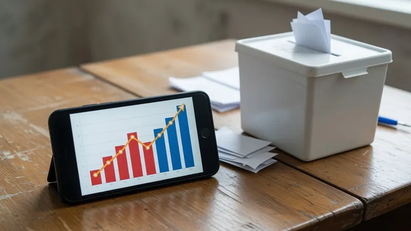 A smartphone on a wooden table displays a bar and line graph trending upward.