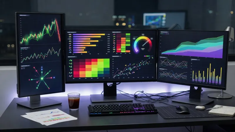 Three computer monitors on a desk display colorful financial charts, graphs, bar charts, and data visualizations at night.